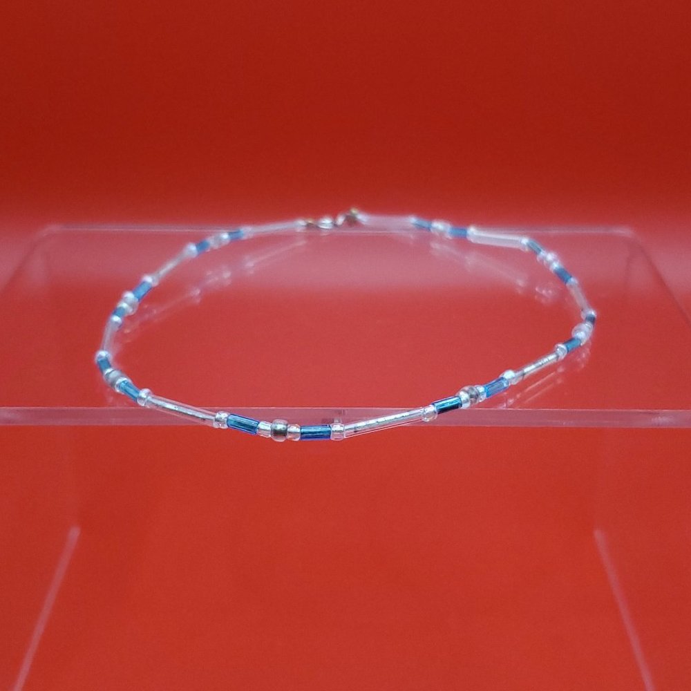 10 Inch 925 Sterling Silver Blue And Clear Cylinder Beaded Ankle Bracelet